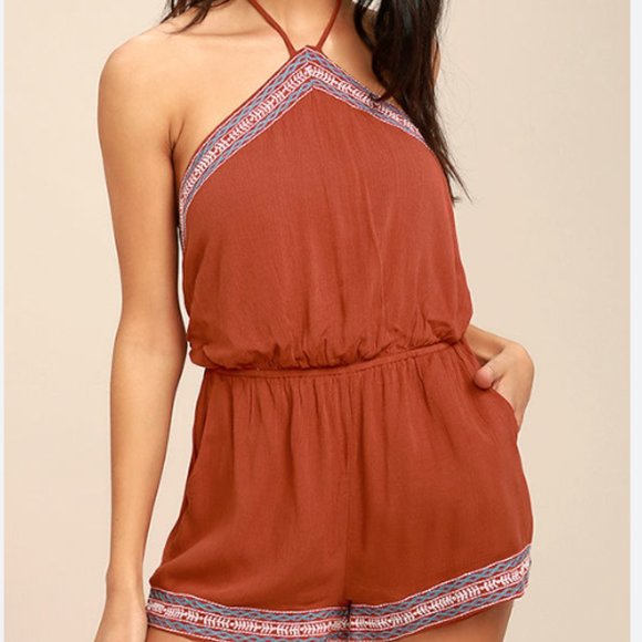 Lulus Pants - Lulu's Tidewater Rust Red Embroidered Romper